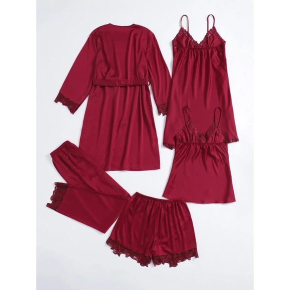 Fefi 5pcs Satin Contrast Lace Belted Night Set - Picture 2 of 8